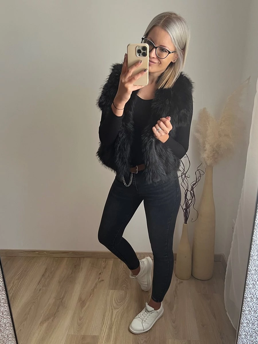 NAZIRA Fekete Szőrme Mellény